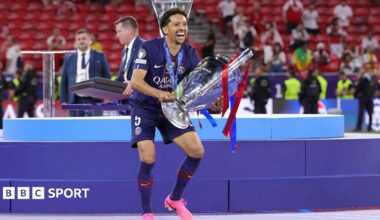 Marquinhos of Paris Saint-Germain celebrates with the 2025-26 Champions League trophy