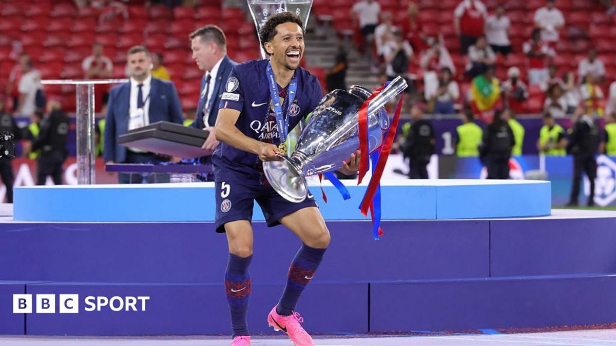 Marquinhos of Paris Saint-Germain celebrates with the 2025-26 Champions League trophy