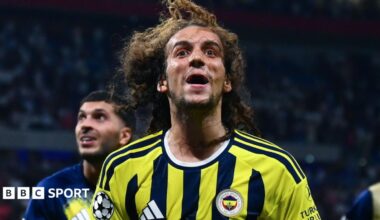 Fenerbahce midfielder Matteo Guendouzi celebrates at the end of the Champions League play-off round second-leg match against Lyon