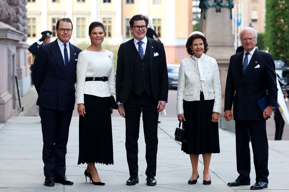 Prince Daniel, Crown Princess Victoria, Queen Silvia, and King Carl XVI Gustaf of Sweden, alongside the speaker of the Riksdag 