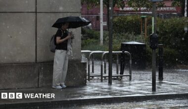 A woman stands with a black umbrella next to a wall in the rain
