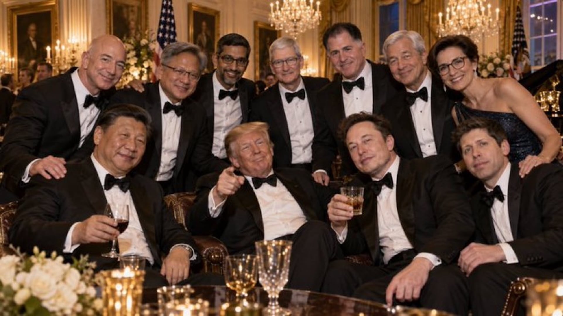 A clearly AI-generated image of Elon Musk, Donald Trump, Xi Jinping, and others.