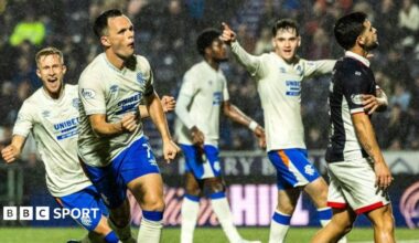 Lawrence Shankland celebrates with Ross McCrorie after his winning goal at The Falkirk Stadium