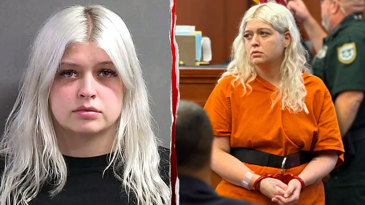 Lindsey Isaacs' mugshot is shown next to her handcuffed in court.