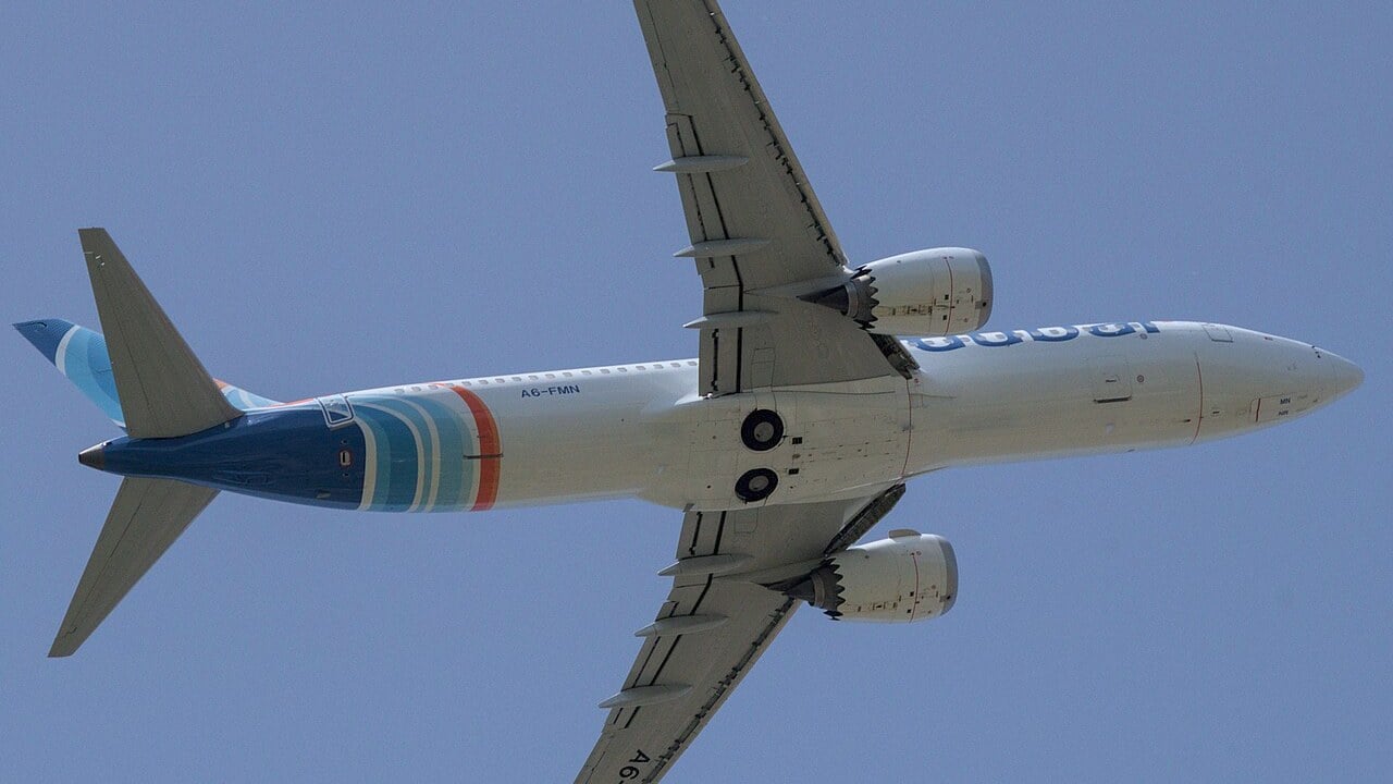 flydubai Boeing 737 MAX 8 A6-FMN seen from below just after take-off