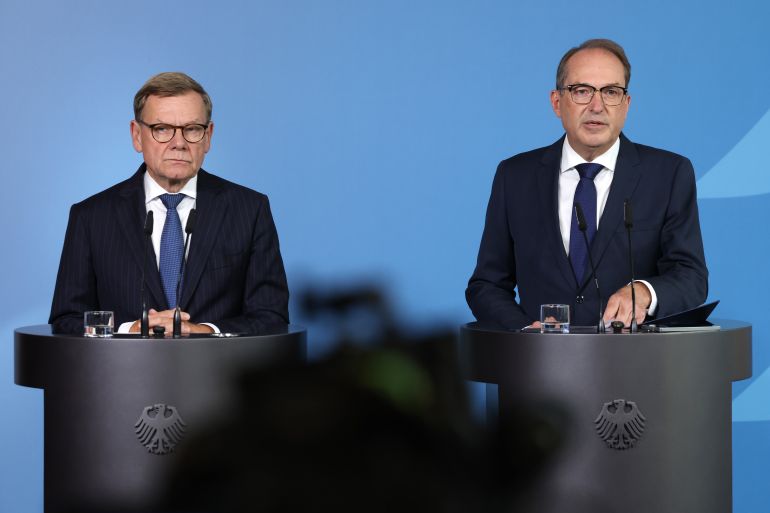 BERLIN, GERMANY - SEPTEMBER 1: German Foreign Minister Johann Wadephul (L) and Interior Minister Alexander Dobrindt speak to the media to announce Germany's response to the failed drone attack at Leipzig airport on September 1, 2026 in Berlin, Germany. The German government blames Russia for the August 5 incident in which at least two drones, including one carrying explosives, were involved in a failed attack against Ukrainian cargo planes stationed at Leipzig. (Photo by Sean Gallup/Getty Images)