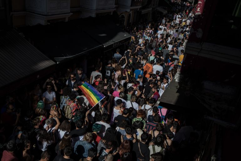 Pro-LGBTQ demonstrators walk down a street in Istanbul, Turkiye, on June 30, 2019, after authorities banned the Pride March for the fifth year running