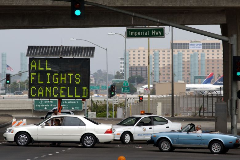 Los Angeles International Airport is closed because of the attacks in New York and Washington, DC, September 11, 2001. All four of the hijacked planes were bound for California, three for LAX.