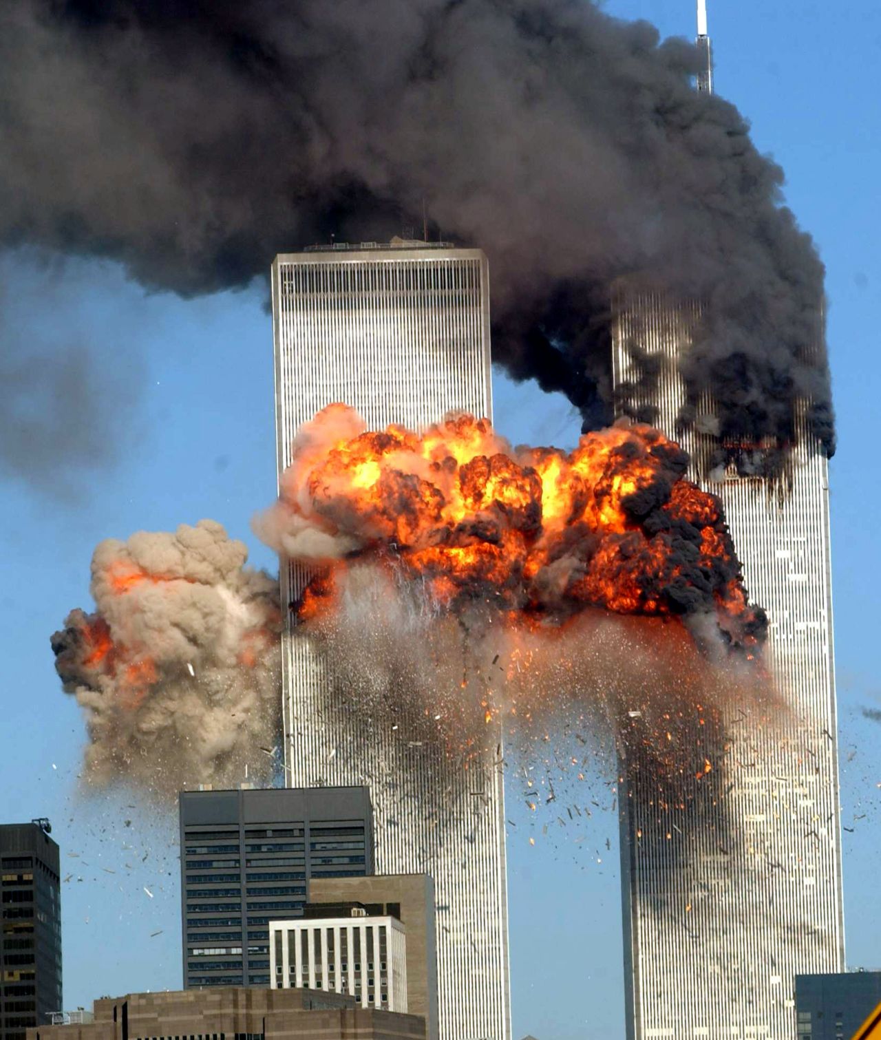 A fiery blasts rocks the south tower of the World Trade Center on September 11, 2001.