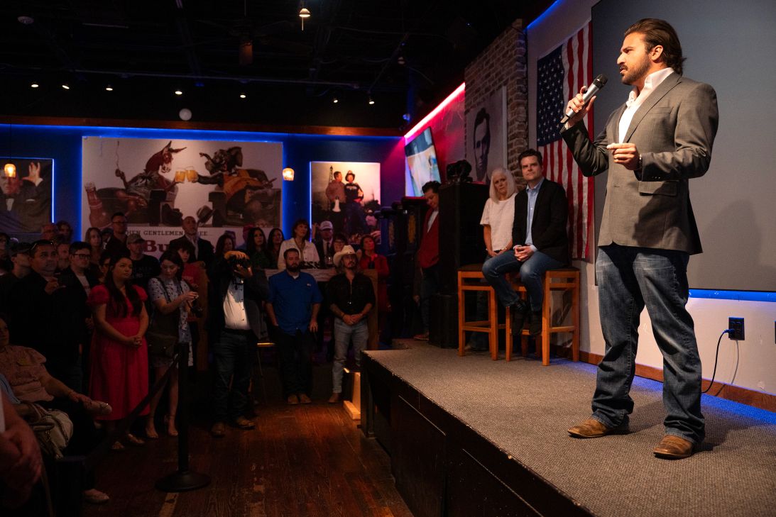 Brandon Herrera speaks at a campaign rally ahead of his runoff against Rep. Tony Gonzales, in March 2024.