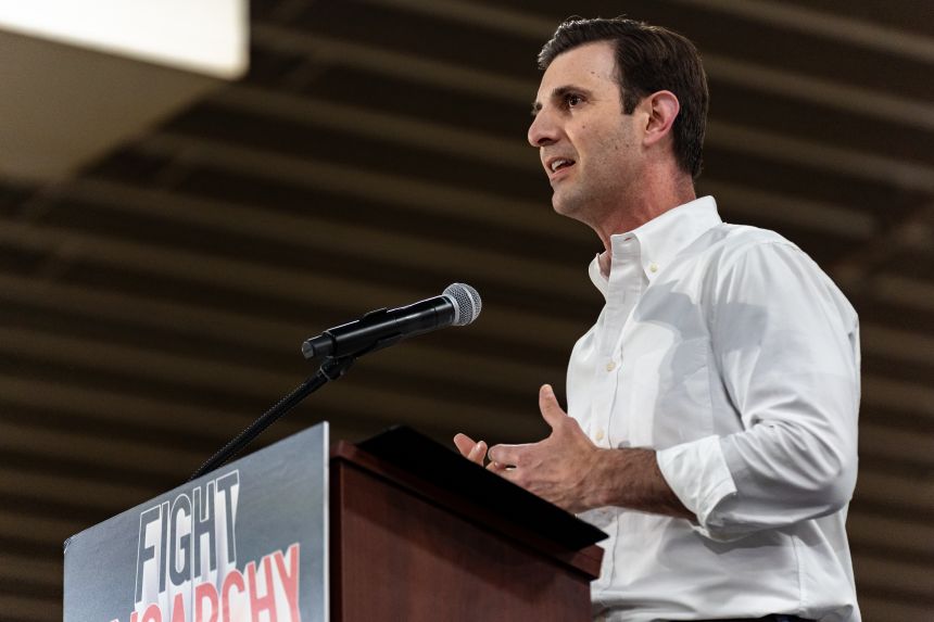 Rep. Chris Deluzio speaks at a rally in Harrisburg, Pennsylvania, on May 2, 2025.