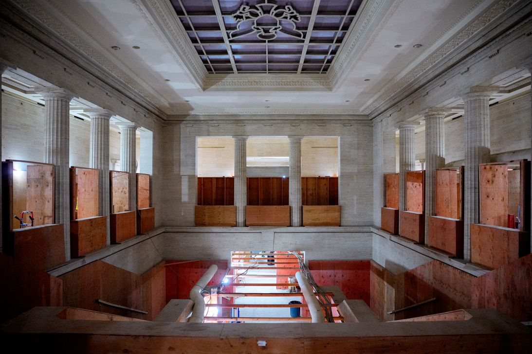 The grand atrium is visible as a massive renovation continues of the Marriner S. Eccles Federal Reserve Board Building and the 1951 Constitution Avenue Building on July 24, 2025 in Washington, DC.