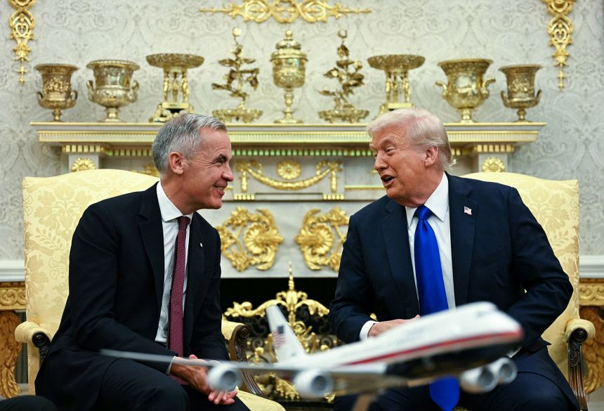 Canadian Prime Minister Mark Carney meets with US President Donald Trump in the Oval Office of the White House in Washington, DC, on October 7, 2025.