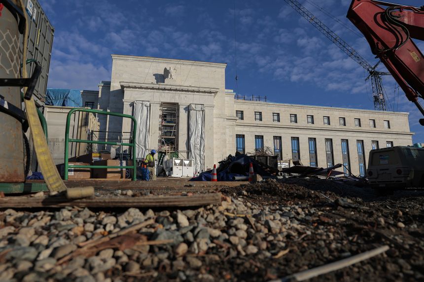 Construction continues at the Marriner S. Eccles Federal Reserve Board Building on January 12, 2026 in Washington, DC.