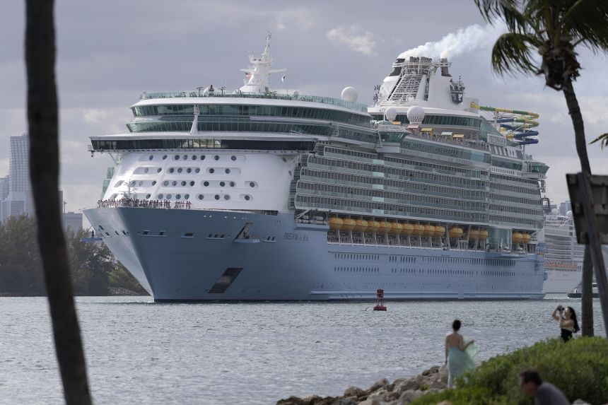 The Royal Caribbean Freedom of the Seas cruise ship sets sail from PortMiami on March 12, 2026 in Miami. Royal Caribbean stock is down as oil prices surge following the Iran war.