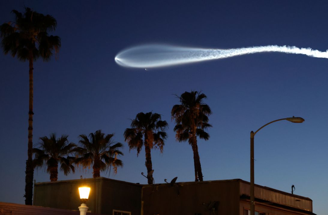 A SpaceX Falcon 9 rocket rises after launching from Vandenberg Space Force Base carrying 25 Starlink internet satellites on April 6.