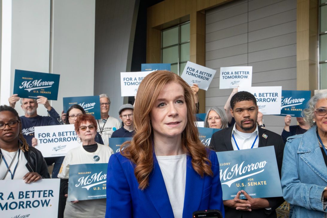 Mallory McMorrow campaigns at the Michigan Democratic Nominating Convention in Detroit, Michigan on April 19, 2026.