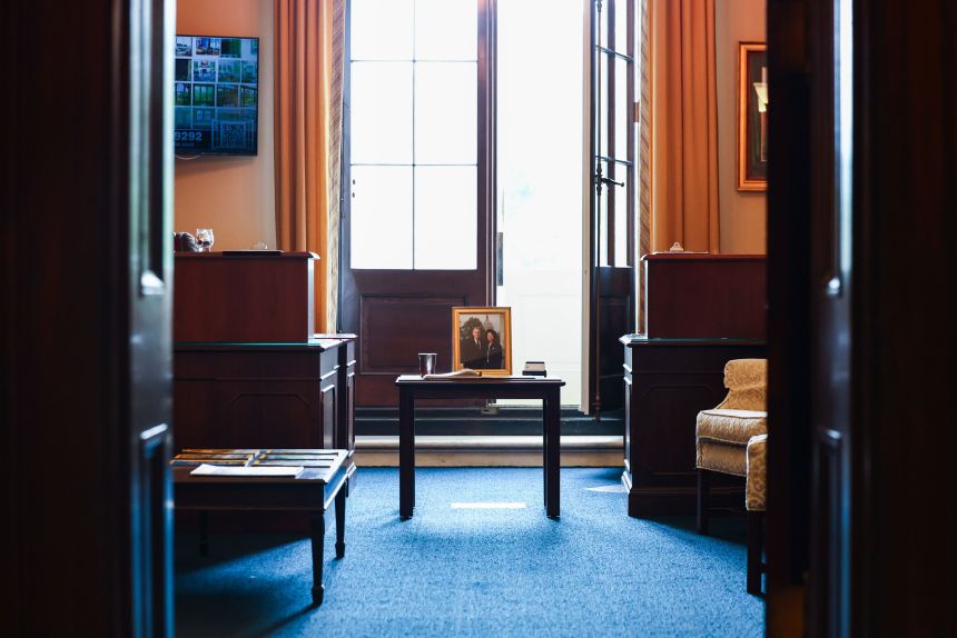 A photo of Mitch McConnell and his wife Elaine Chao is displayed at his office in Russell Senate Office Building on July 8, in Washington, DC.