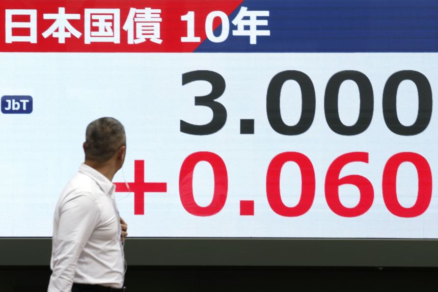 A financial monitor in Tokyo shows the yield on Japan's benchmark 10-year government bond hitting 3% on Sept. 1, 2026, the first time since October 1996.