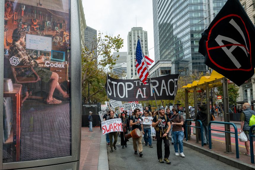 Protesters march during a