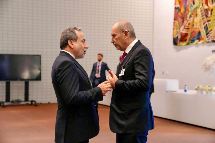 NEW YORK, SEPTEMBER 24: Iranian Foreign Minister Abbas Araghchi (L) meets with Jordanian Foreign Minister Ayman Safadi (R) during the 81st United Nations General Assembly