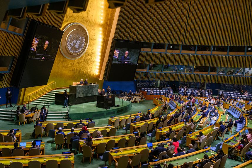 NEW YORK, SEPTEMBER 23: President of Iran Masoud Pezeshkian speaks during the 81st session of the United Nations (U.N.) General Assembly at U.N. Headquarters on September 23, 2026 in New York City.
