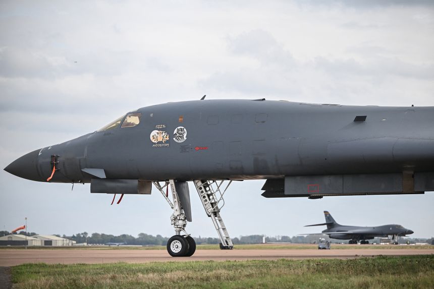 A US Air Force B-1 Lancer bomber is pictured on the tarmac at RAF Fairford on Sunday.