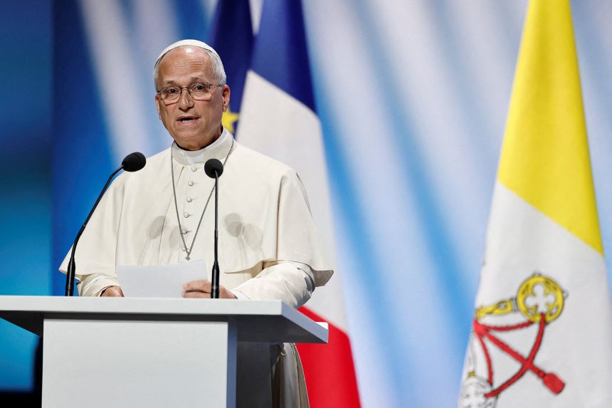 Pope Leo XIV delivers a speech during a meeting at the Robert Schuman Conference Center in Metz on Monday.