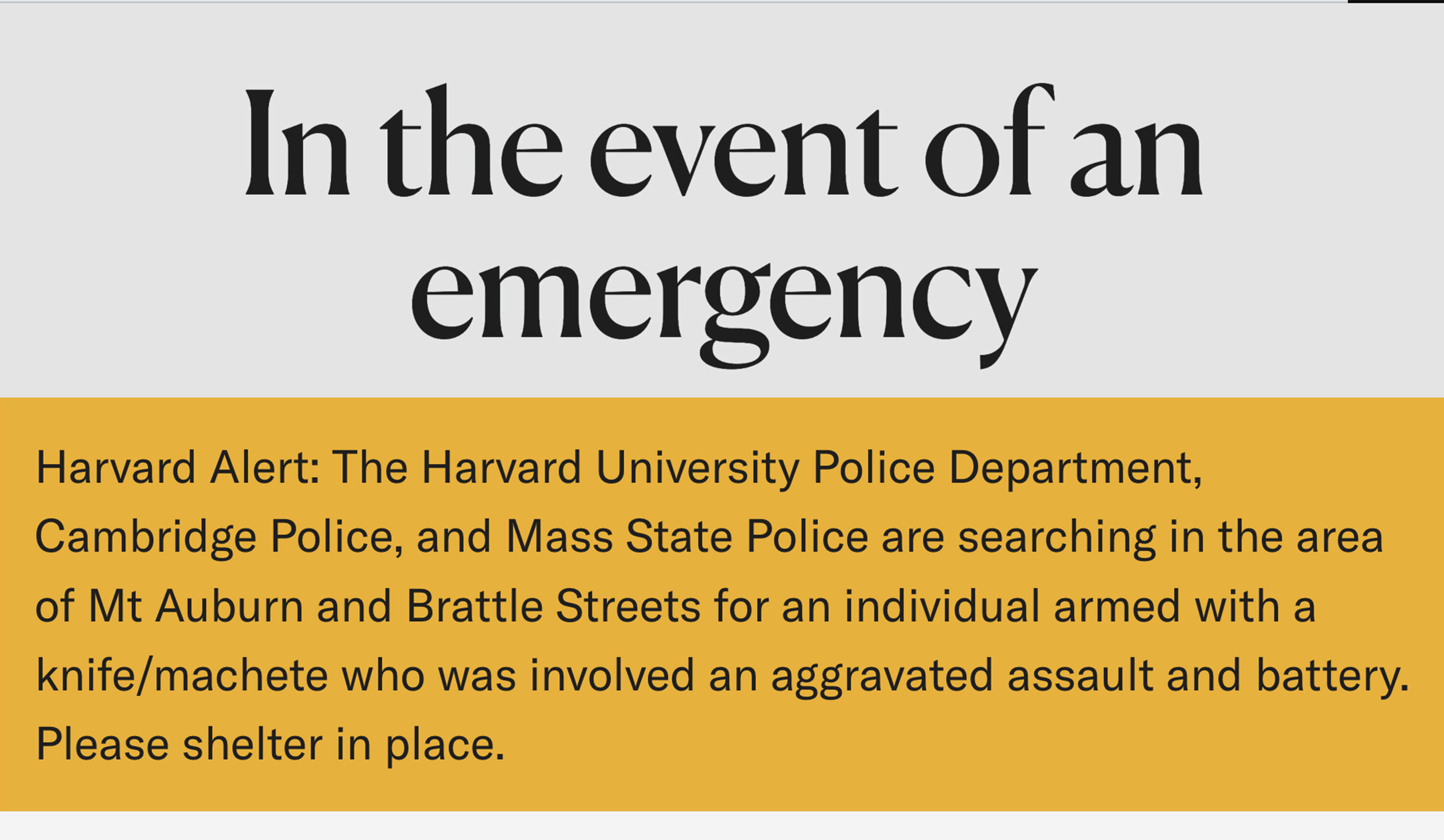 Emergency alert issued by Harvard University officials on Tuesday morning. (Screenshot via Harvard University)