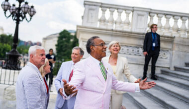 Missouri Rep. Emanuel Cleaver II is seen on the House steps of the Capitol in July 2025. With him, from left, are Reps. Steve Womack of Arkansas, Sylvia R. Garcia of Texas, French Hill of Arkansas and Deborah K. Ross of North Carolina.