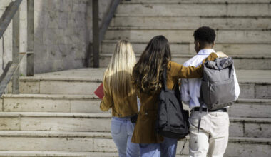 International students walking on campus.