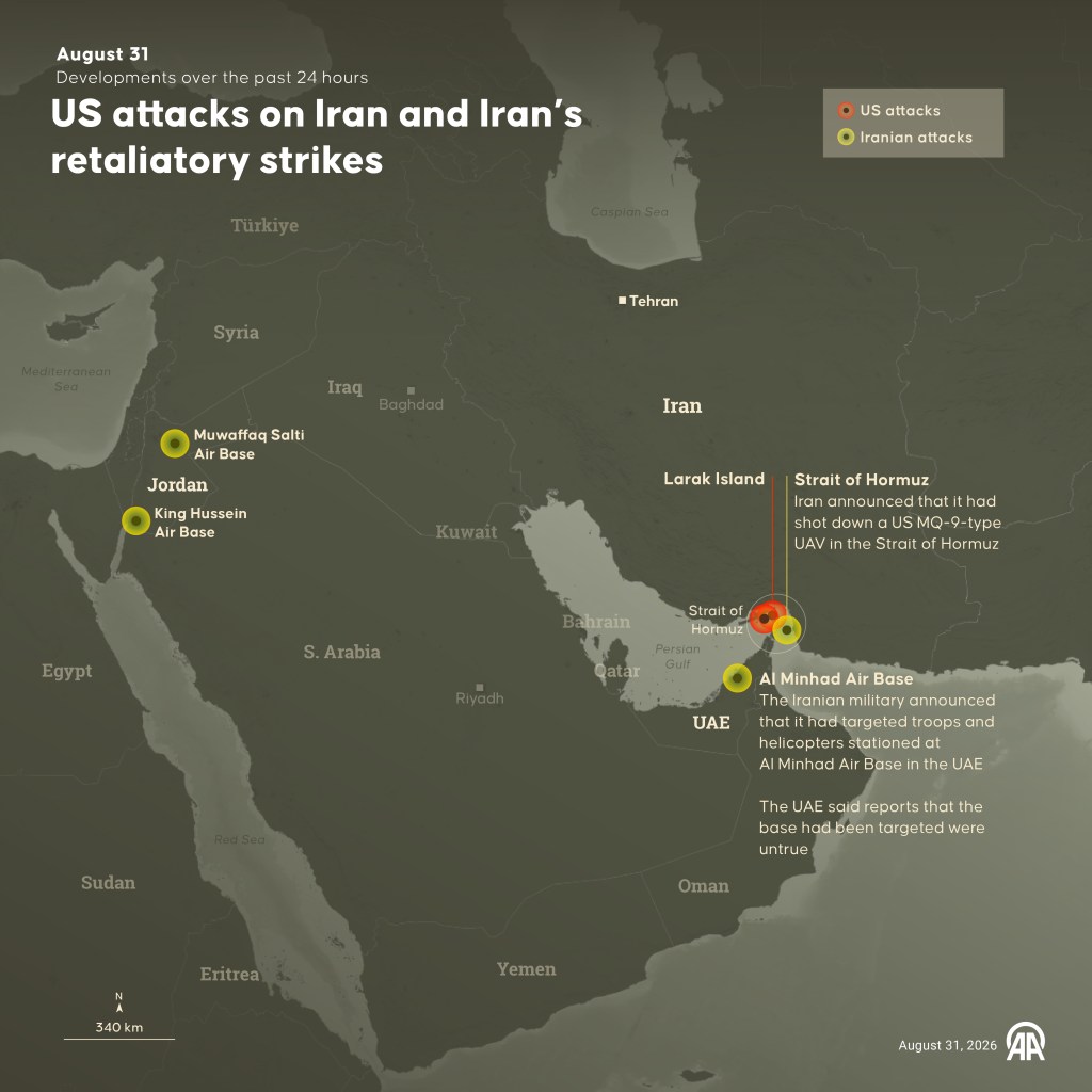 Illustration of a map showing US attacks on Iran and Iran's retaliatory strikes, with locations highlighted and details provided.