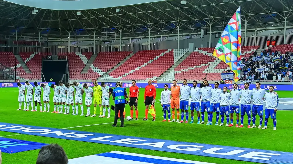 Players of Israel and Ireland stand for anthems before a UEFA Nations League soccer match.