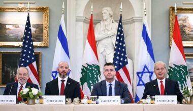 Officials from the US, Lebanon, and Israel at the State Department in Washington, DC, on June 2, 2026. (AFP Photo)