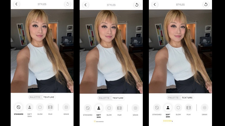 Three screenshots of a selfie being edited for Soft Skin in the Photos app.