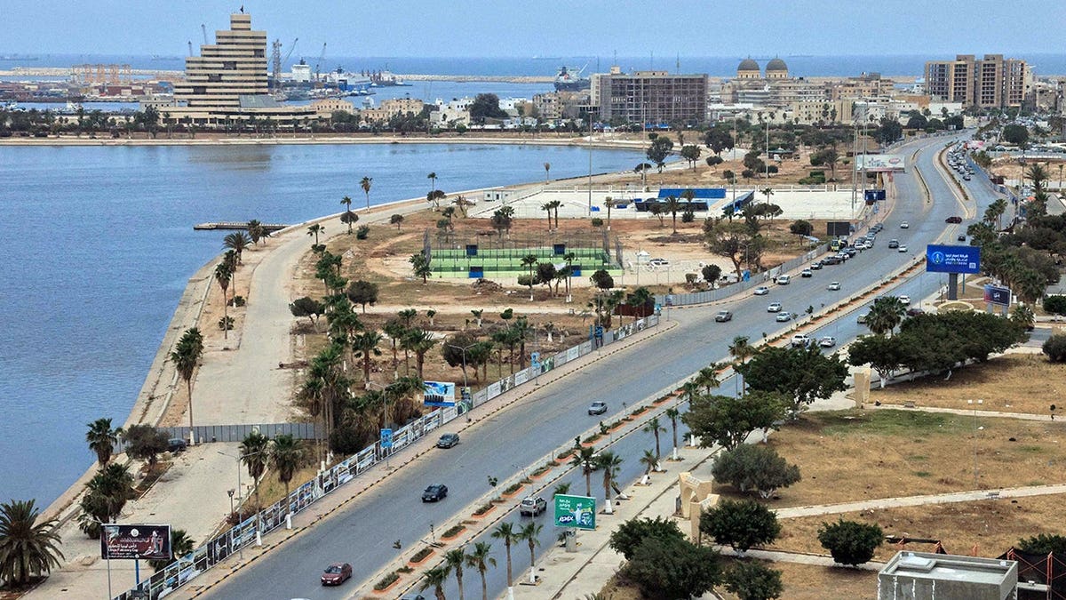 Coastal road in Benghazi, Libya stretches along the Mediterranean.