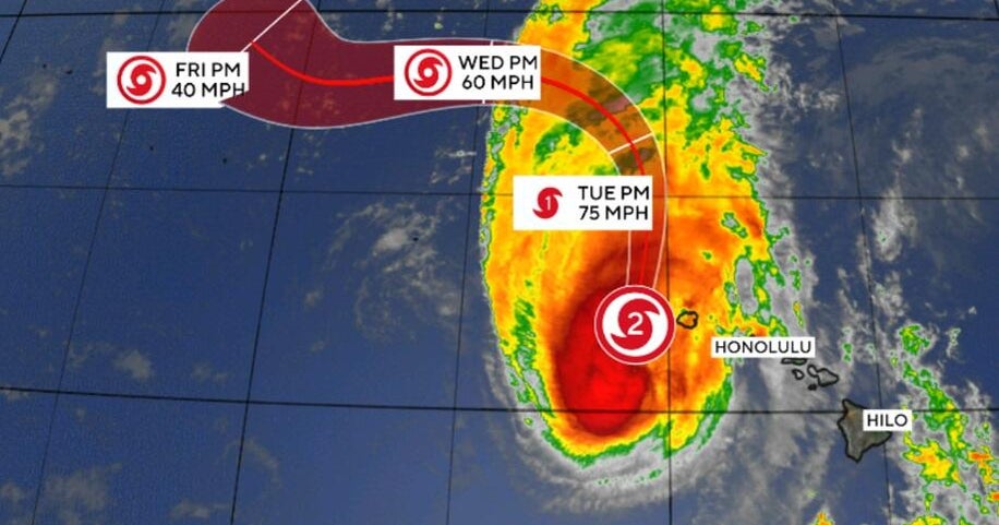 Hurricane Lowell passing just west of Hawaii, bringing heavy rain, strong winds, punishing waves