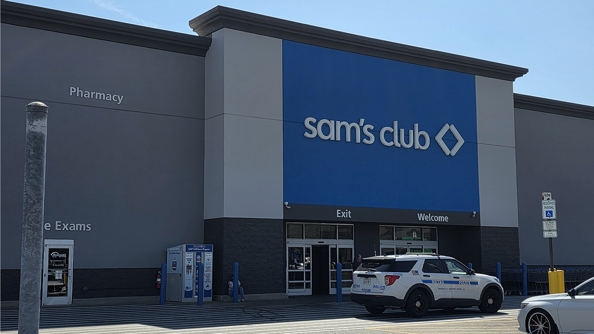 A Metro Nashville Police vehicle parked outside the entrance of a Sam’s Club on Antioch Pike.