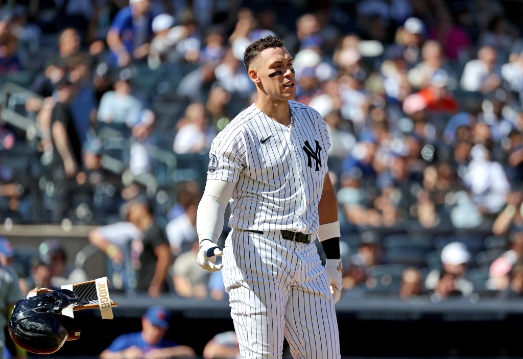 Aaron Judge (99) reacts after striking out during the third inning of a game against the Mets at Yankee Stadium, Sunday, September 13, 2026.