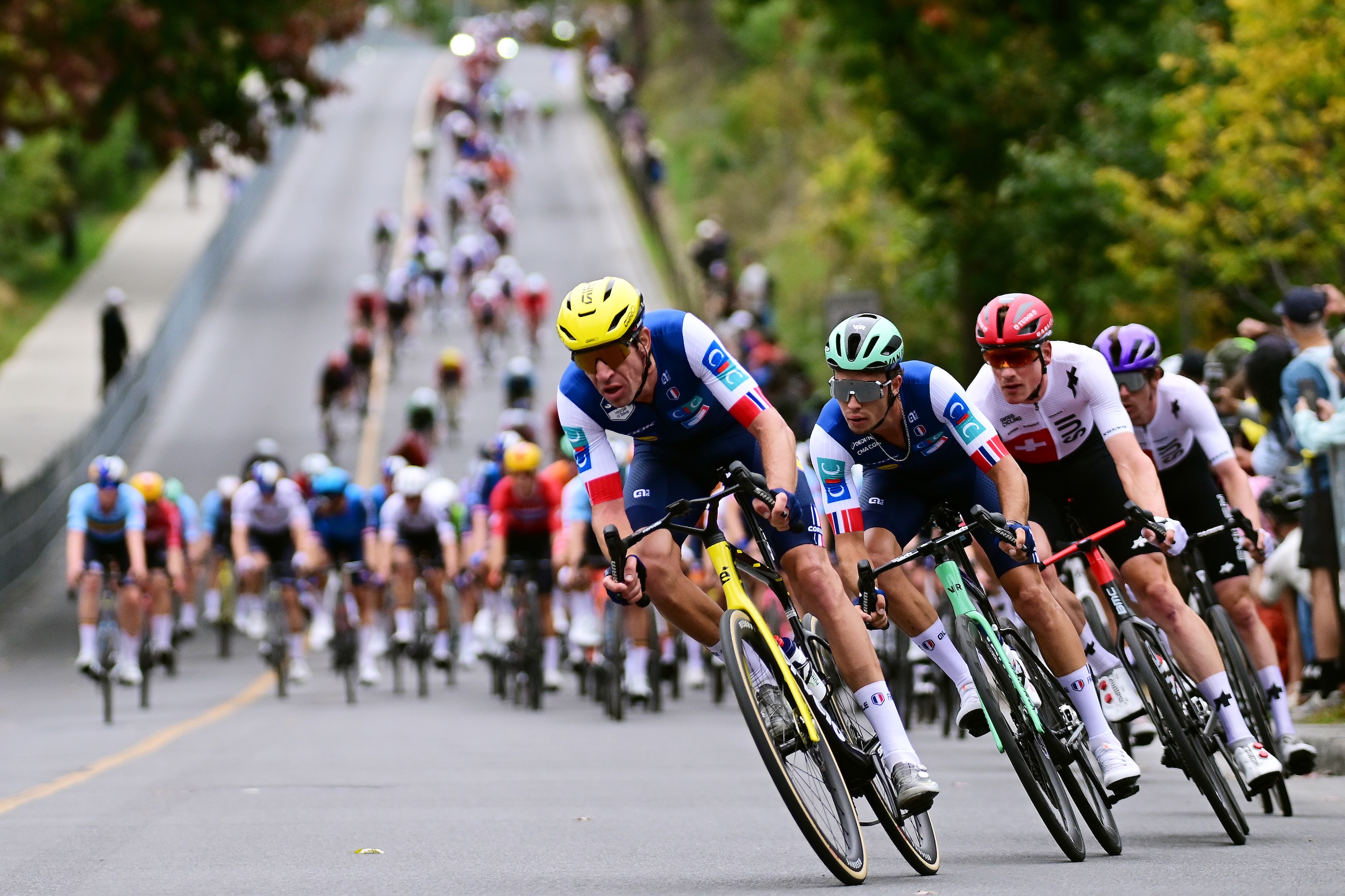 MONTREAL, QUEBEC - SEPTEMBER 27: Bruno Armirail and Team France leads the peloton during the 99th UCI Road World Championships Montreal 2026 - Men Elite Road Race a 273.4km one day race from Brossard to Montreal on September 27, 2026 in Montreal, Quebec. (Photo by Tim de Waele/Getty Images)