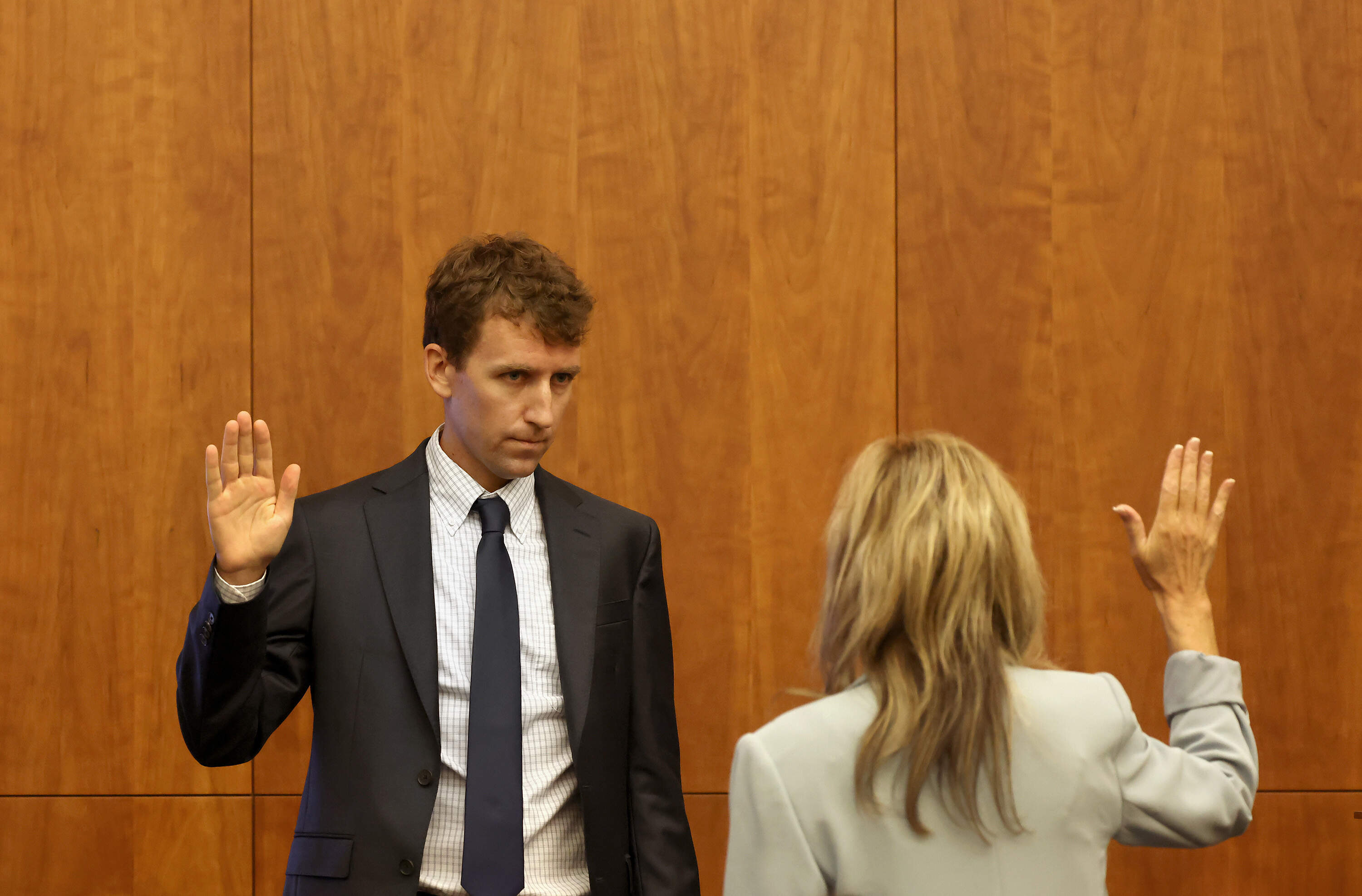 Patrick Clancy is sworn in at the murder trial of his former wife, Lindsay Clancy, in Plymouth on July 29. (David L. Ryan/The Boston Globe via Getty Images)
