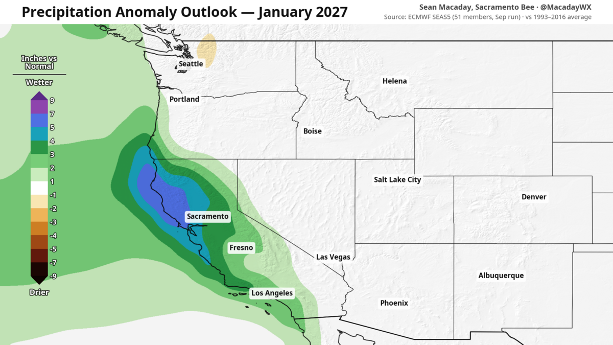 Approximate January rainfall anomaly as computed by the SEAS5 European climate model.