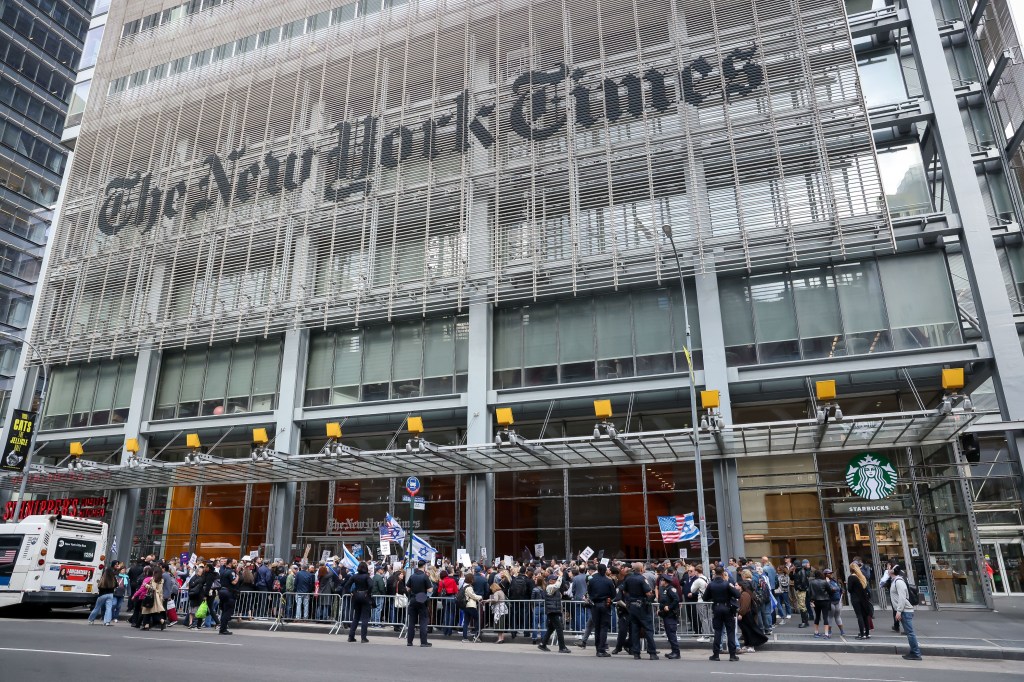 Pro-Israel demonstrators protest a New York Times op-ed story in front of the New York Times headquarters.