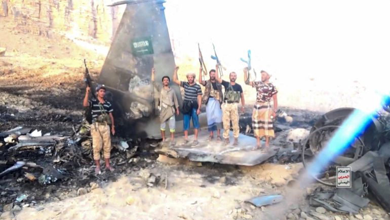 Houthi fighters stand in front of what they say is a downed Saudi jet, at a location given as Yemen, in this still image from a handout video released on September 16, 2026. Houthi Military Media/ Handout via REUTERS THIS IMAGE HAS BEEN SUPPLIED BY A THIRD PARTY. THIS PICTURE WAS PROCESSED BY REUTERS TO ENHANCE QUALITY. AN UNPROCESSED VERSION HAS BEEN PROVIDED SEPARATELY. TPX IMAGES OF THE DAY Verification: - The exact location and date when the video was filmed could not be verified. - No older versions of the video were found posted online before September 16. - Houthi military spokesman Yahya Saree said the Houthis had shot down a Saudi F-15 fighter jet. - The extensive damage seen on the aircraft meant the model was not immediately identifiable. - A Saudi Arabian flag is seen on the tail of the jet. - The shape and discolouration of the debris is consistent across multiple shots and angles.