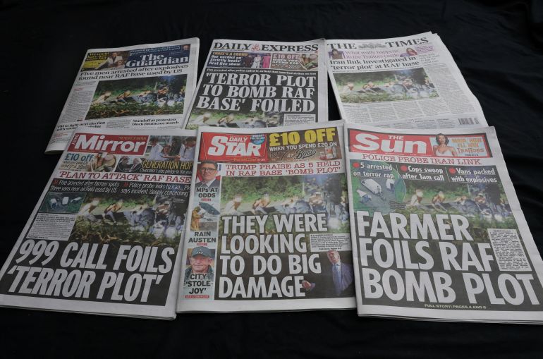 British newspaper front pages reporting the police declaration of a major incident at RAF Fairford airbase, following the arrest of five men on suspicion of offences under the Explosives Act, in this illustration, September 28, 2026. REUTERS/Toby Melville/Illustration