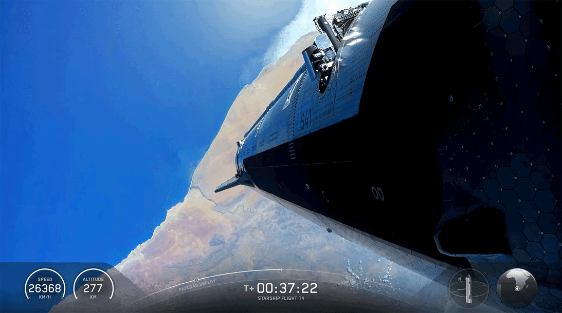 In this screenshot from video, SpaceX's Starship launches Starlink V3 satellites during its 14th test flight on September 28.