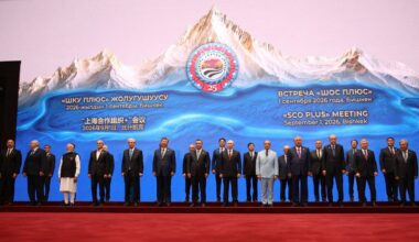 Leaders of several countries, including Iran, pose for a photo prior to a meeting in the Shanghai Cooperation Organization Plus format in Bishkek, Kyrgyzstan Tuesday, Sept. 1, 2026. (Pyotr Kovalev, Sputnik, Kremlin Pool Photo via AP)