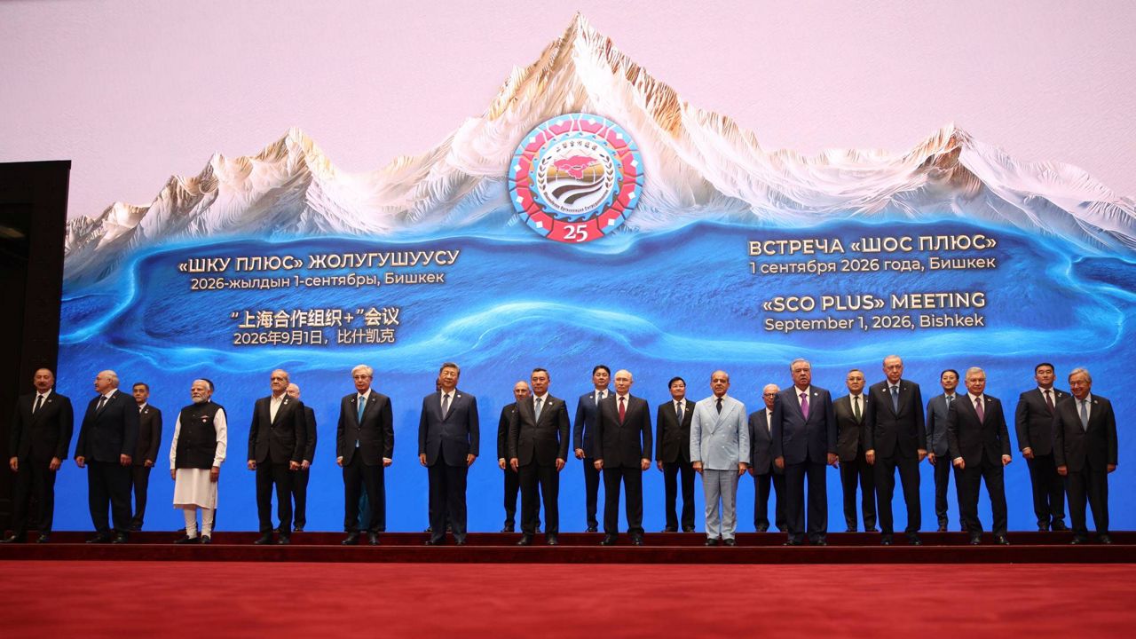 Leaders of several countries, including Iran, pose for a photo prior to a meeting in the Shanghai Cooperation Organization Plus format in Bishkek, Kyrgyzstan Tuesday, Sept. 1, 2026. (Pyotr Kovalev, Sputnik, Kremlin Pool Photo via AP)