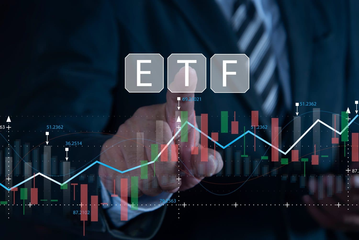A person in a dark suit points their finger at a translucent digital screen displaying financial candlestick charts in green and red, alongside intertwining blue and white line graphs. Above the hand, three distinct grey-bordered boxes prominently spell out 'ETF'. The background is blurred and dark, emphasizing the interaction with the financial data.