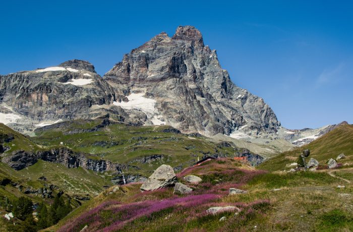 Rocky Cervino rises on grassy meadows innear Cervinia, south of the peak